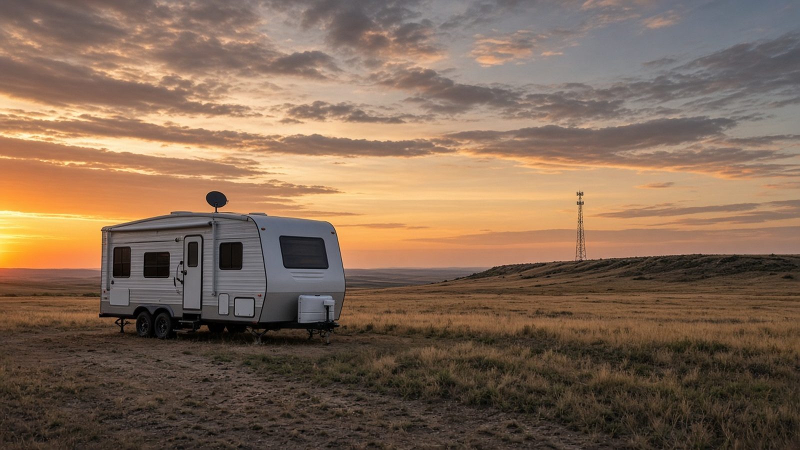 A travel trailer with a roof dish parked on open plains at sunset, with a cell tower on a distant ridge