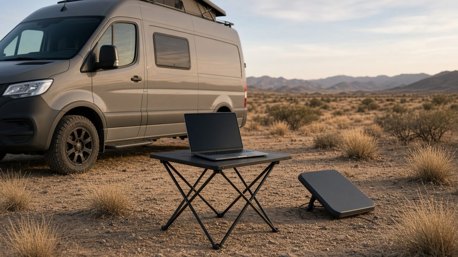 A camper van in the desert with a laptop on a folding camp table and a small satellite dish on its kickstand beside it