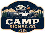 Camp Signal Co. logo: white Jeep with rooftop tent, dish and elk